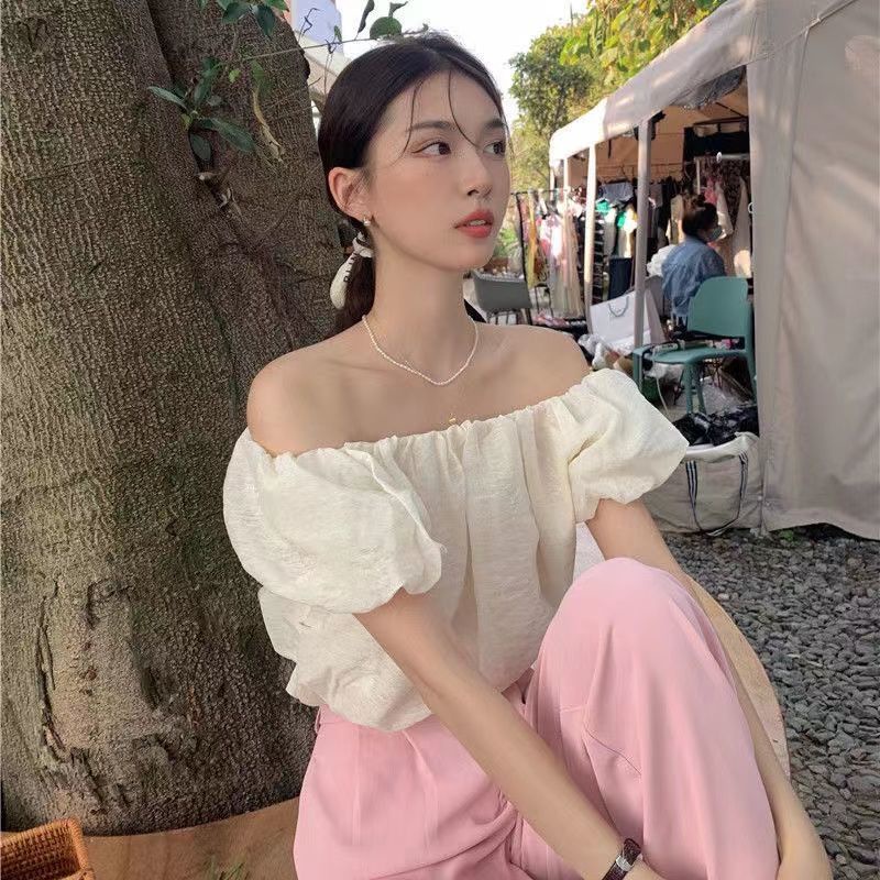 Áo Trễ Vai Tay Phồng Ngắn Dáng Ôm Thời Trang Mùa Hè Xinh Xắn Cho Nữ