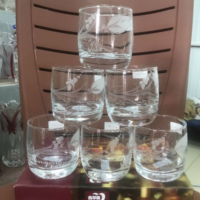 Bộ 6 cốc thủy tinh mài hoa trắng