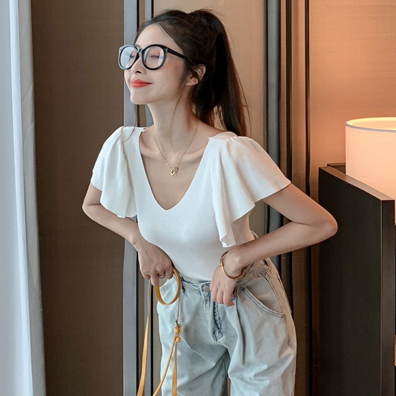 Áo Dệt Kim Tay Ngắn Cổ V Thiết Kế Màu Trơn Thanh Lịch Cho Nữ | BigBuy360 - bigbuy360.vn