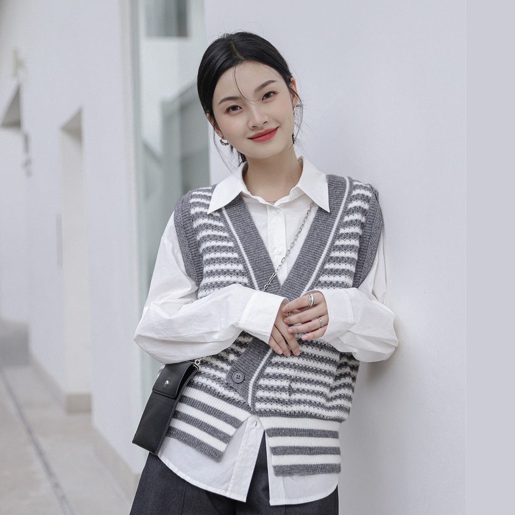Áo Len Không Tay Họa Tiết Sọc Ngang Thời Trang Cho Nữ