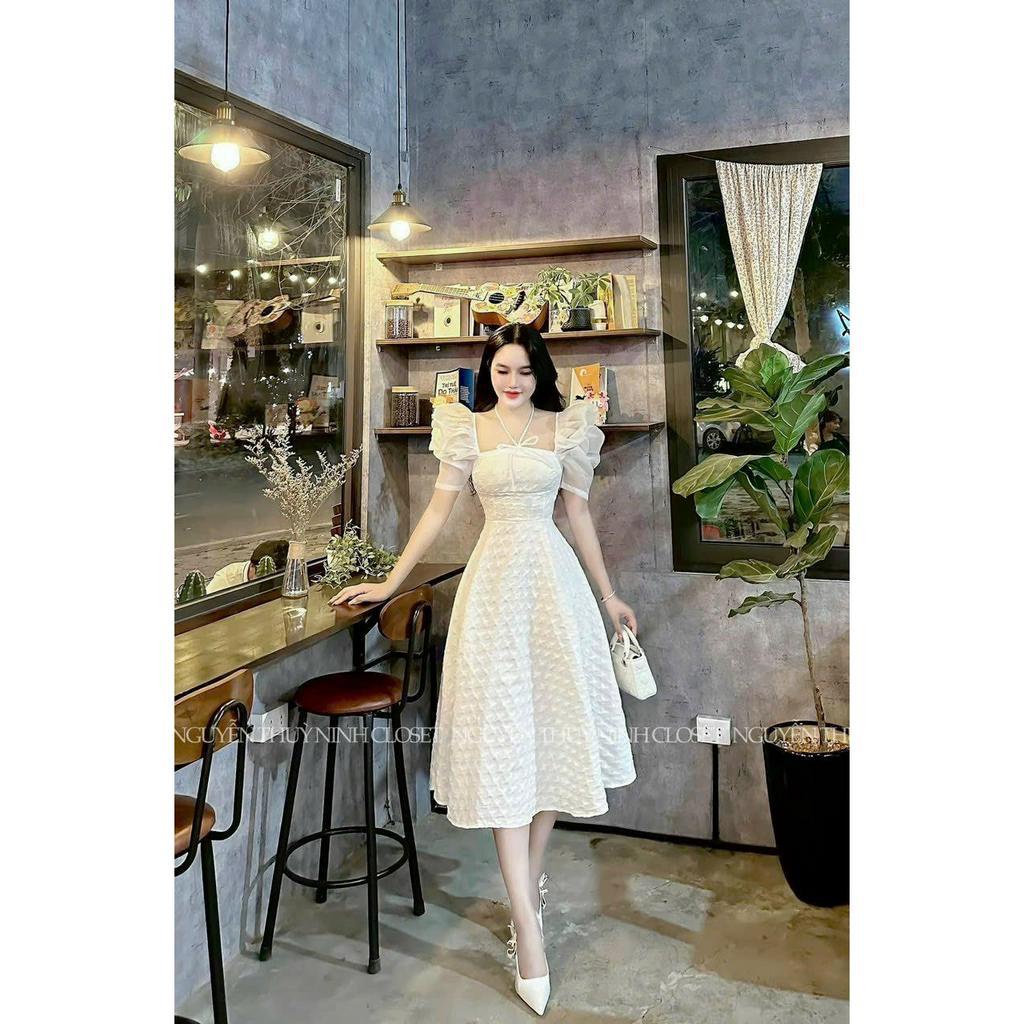 [6.6 Sales Freeship] Váy đầm nữ thiết kế dự tiệc, đầm gấm dáng dài cổ vuông tay phồng cột dây cổ sang chảnh dx