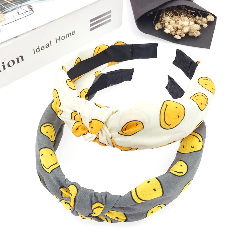 Băng đô vải bản rộng thắt nơ in họa tiết mặt cười đơn giản phong cách Hàn Quốc thời trang dành cho nữ