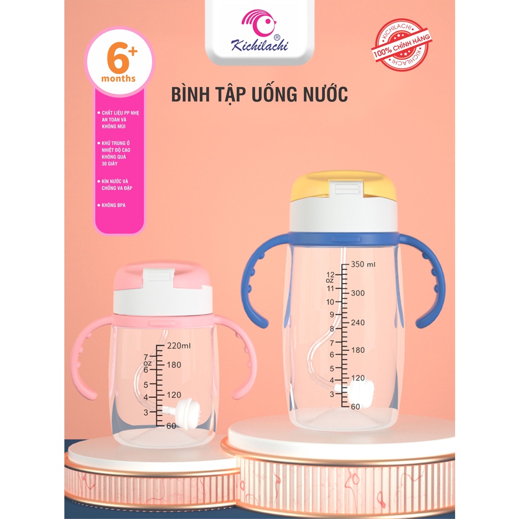 Bình tập uống nước PP có ống hút chống sặc Kichi Kichilachi 220ml / 350ml