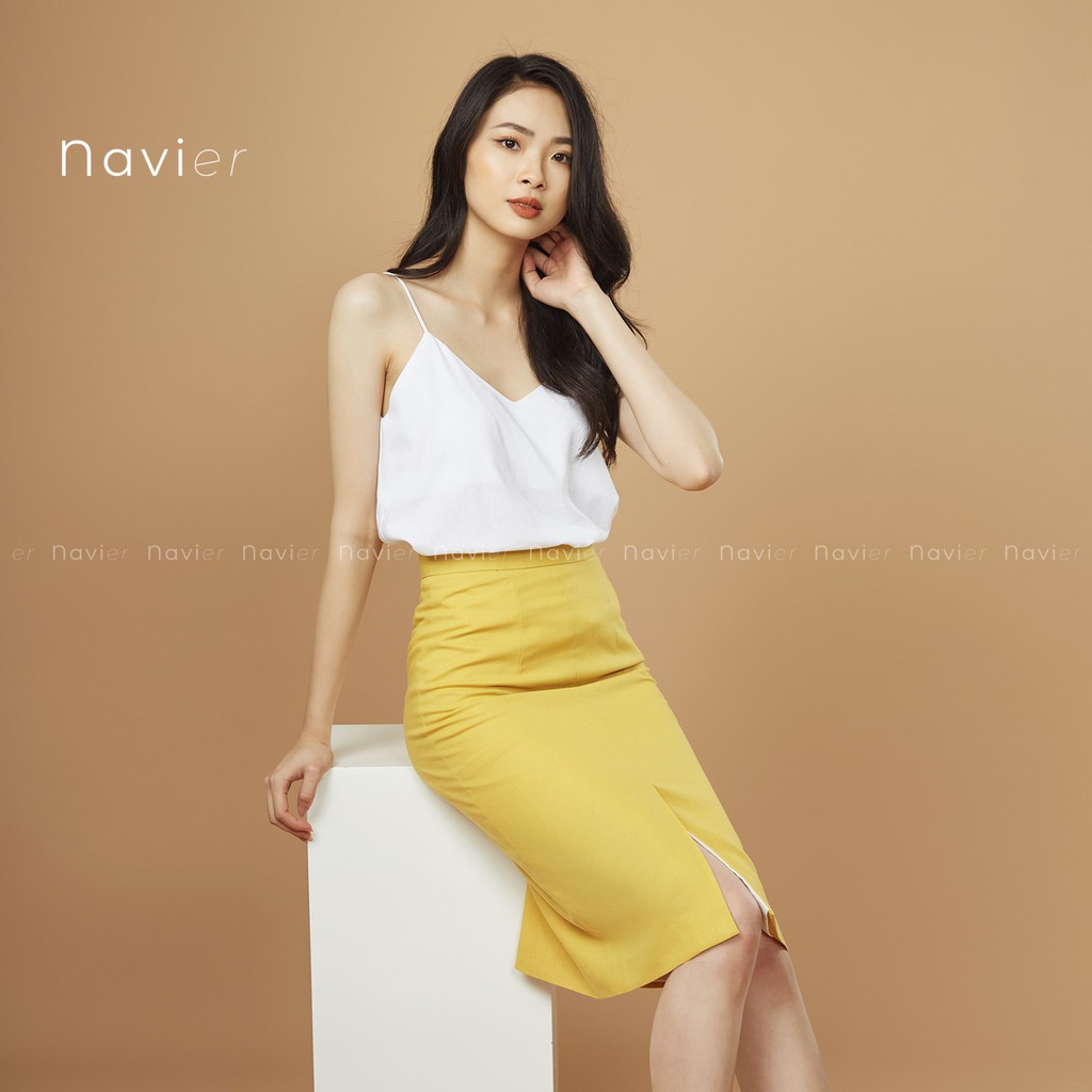 CHÂN VÁY MIDI DÀI SUÔNG CHỮ A CÔNG SỞ 2 LỚP XẺ TÀ ÔM NHẸ MÀU TRẮNG VÀNG TÍM BE - LINEN OFFICE SKIRT CV01 NAVIER