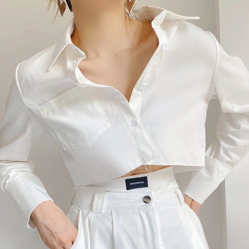 Áo Sơ Mi Nữ Croptop Thiết Kế Dài Tay Form Rộng Phối Túi Ngực Phong Cách Ulzzang Thời Trang Sugal SO MI NU 029V1