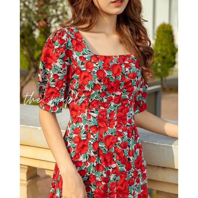 Đầm công sở cổ vuông tay lỡ hoa hồng THE MAPLE Size L