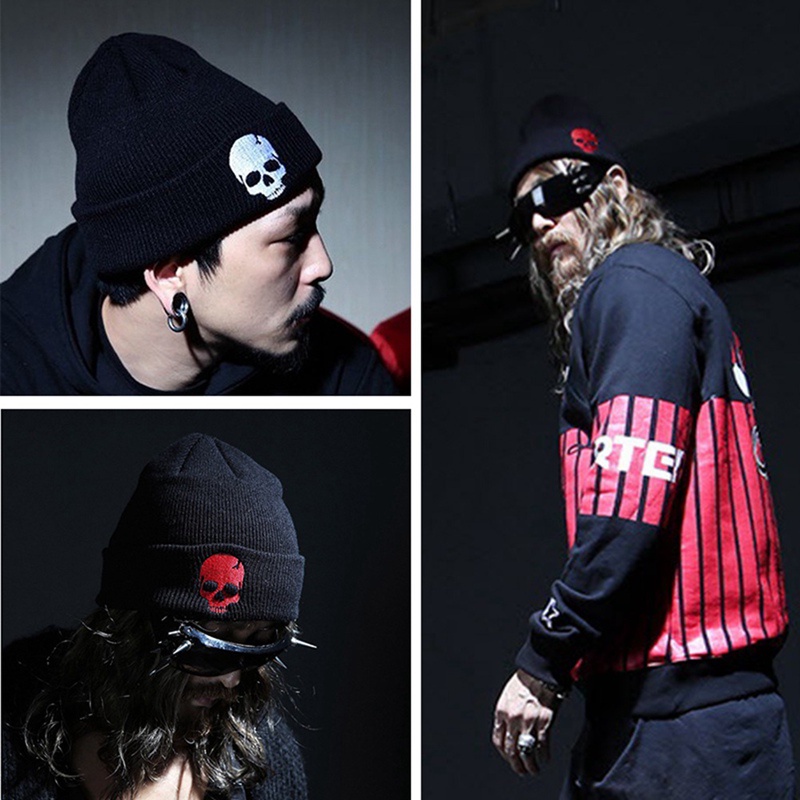 Nón Len Màu Đen Thêu Hình Đầu Lâu Phong Cách punk Thu Đông Cho Nam Nữ