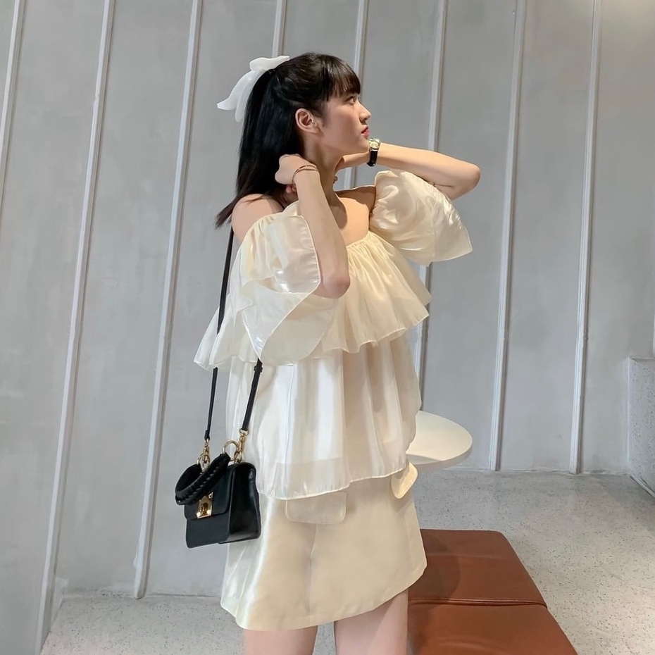 Áo trễ vai tay bồng croptop kiểu [2 lớp] chất tơ mềm mát A-TA
