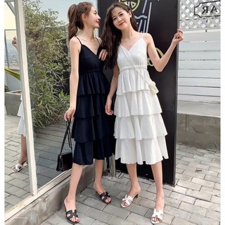 đầm xòe 2 dây tầng