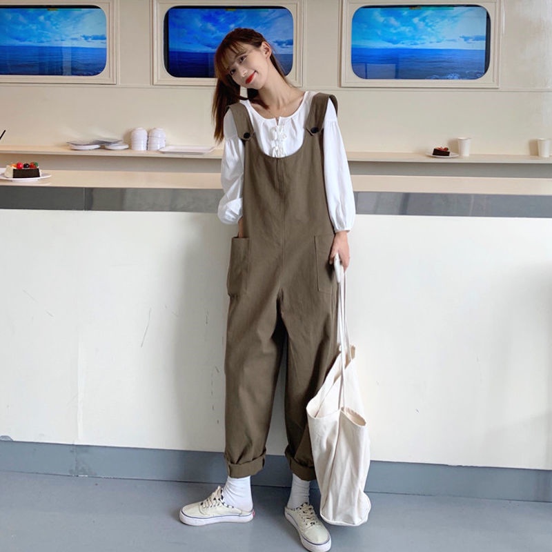 [Hàng Có Sẵn Bán Chạy]~2022 Quần Yếm Ống Rộng Mùa Xuân Thu Phong Cách Hàn Quốc Giản Dị Dành Cho Nữ Sinh