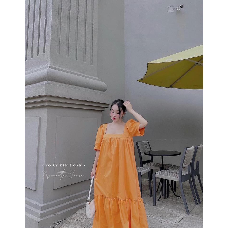Váy Suông Cổ Vuông Tay Bồng Oversize -  Đầm Nữ Suông Đuôi Cá