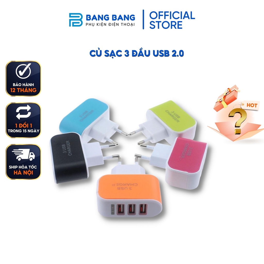 Củ sạc 3 đầu vạn năng 5V 3.1A đầu cắm US, Củ sạc giá rẻ nhiều màu cho nhiều thiết bị cùng 1 lúc, Cục sạc nhanh