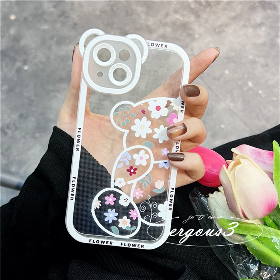 Ốp Điện Thoại Mềm Họa Tiết Hoa / Gấu Bảo Vệ Lens Cho iPhone 14 13 12 11 Pro Max SE2020 X XR Xs Max 7 8 6 6s Plus