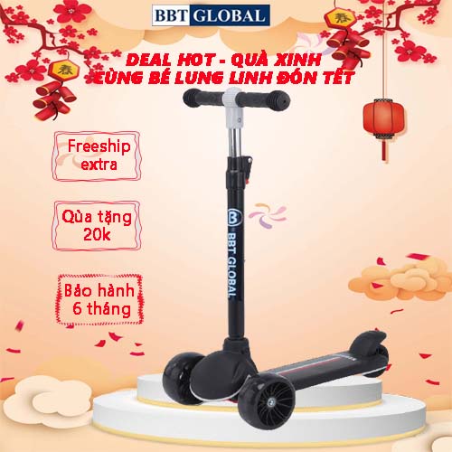 Xe trượt Scooter KM001A BBT Global, cho bé từ 2-8 tuổi, 3 bánh phát sáng vĩnh cửu gấp gọn, bảo hành 6 tháng