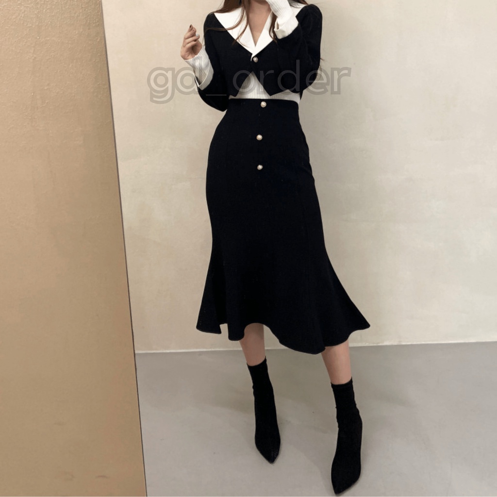B87|Set bộ vest áo croptop hàn quốc dáng ngắn cổ điển thanh lịch kèm váy đuôi cá công sở gd_order