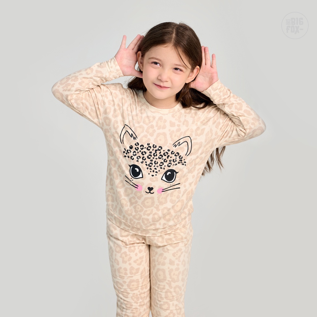 Bộ thu đông bé gái Bigfox Miss Meow size đại, Bộ nỉ bé gái họa tiết báo dễ thương dài tay size trẻ em 3,4,5,...11 tuổi