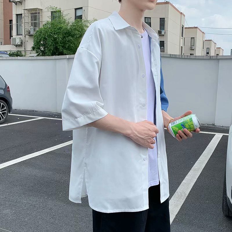 Áo Sơ Mi Nam Ngắn Tay Phối áo sơ mi unisex Thời Trang áo sơ mi nữ phong cách Hàn Quốc from rộng áo sơ mi lụa nam