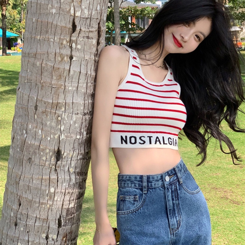 Áo Croptop Dệt Kim Sát Nách In Chữ Thời Trang Mùa Hè Cho Nữ