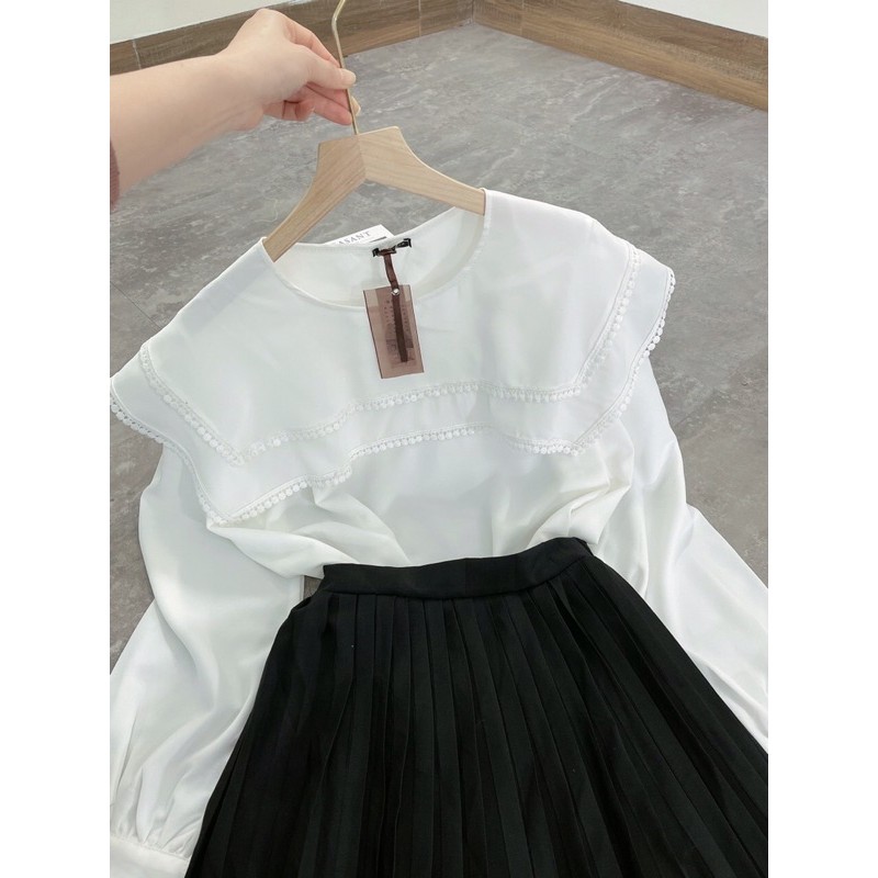 Sét áo sơmi bèo pha ren mix chân váy dập ly dài. Chất lụa đũi bao mềm đẹp. | BigBuy360 - bigbuy360.vn