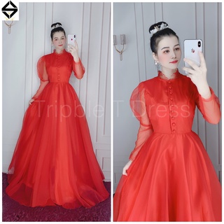Đầm maxi mặc cưới nhẹ nhàng tay dài phối nút bọc cổ ren đứng TRIPBLE T DRESS - MS44Y - Size M/L