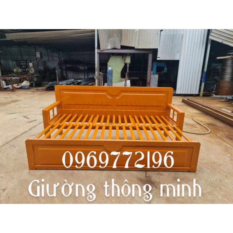 Giường sắt thông minh  giả gỗ khung hộp 4x8 ngang 1m6x2m giao hàng miễn phí nội thành HCM - Mẫu mới