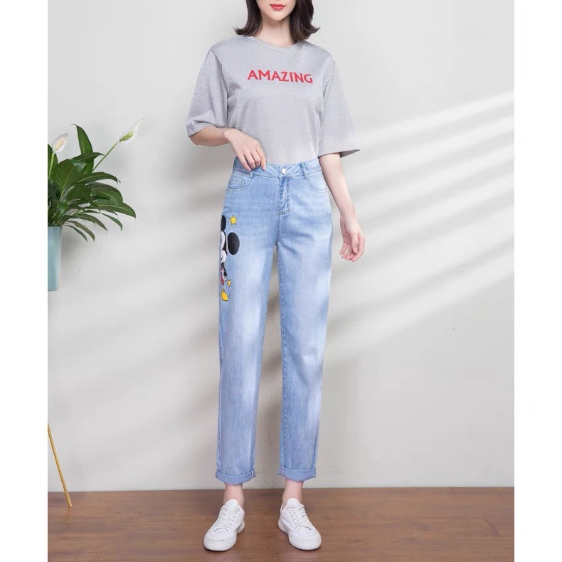 Quần jean baggy nữ màu Xanh Đá Nhạt in hình Chuột Sao Phom To đủ size MLJ