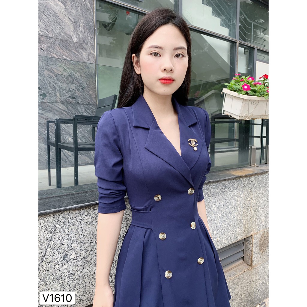 Váy xanh xòe cổ vest V1610 - Đẹp Shop DVC - Kèm ảnh thật trải sàn do shop tự chụp | BigBuy360 - bigbuy360.vn