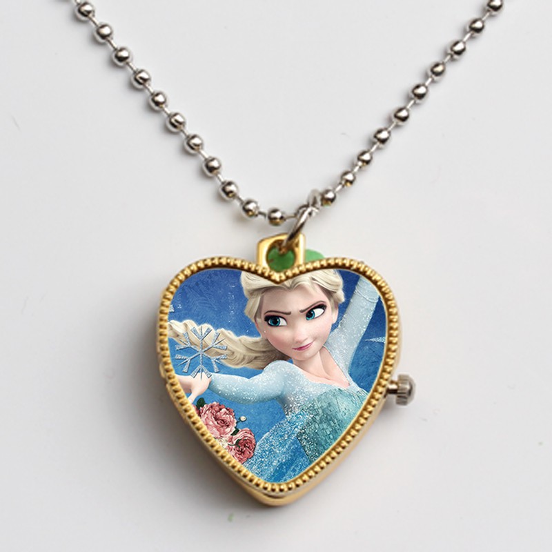 ℗☌Children heart girl ice colors fashion flip quartz pocket watch necklace gift chain insert