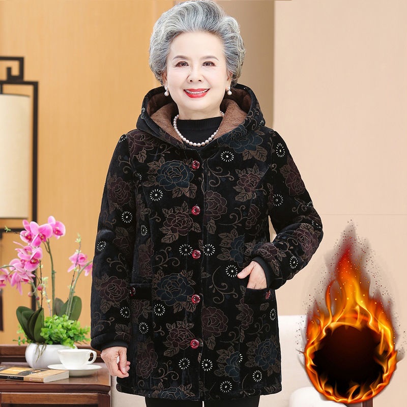 Quần áo mùa đông của phụ nữ trung niên và cao tuổi Bà mẹ 70 cộng với khoác lông cừu chần bông dành cho người già có mũ t