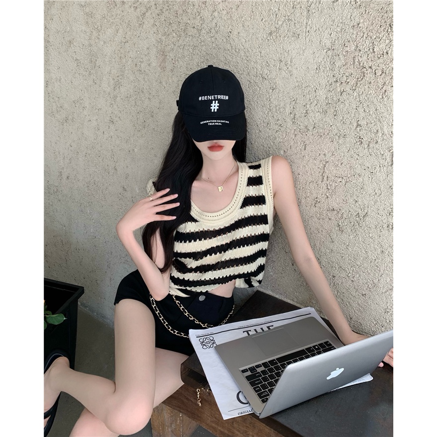 LALISAS Áo Len Không Tay Họa Tiết Kẻ Sọc Thời Trang Hàn Quốc Dễ Phối Đồ Cho Nữ