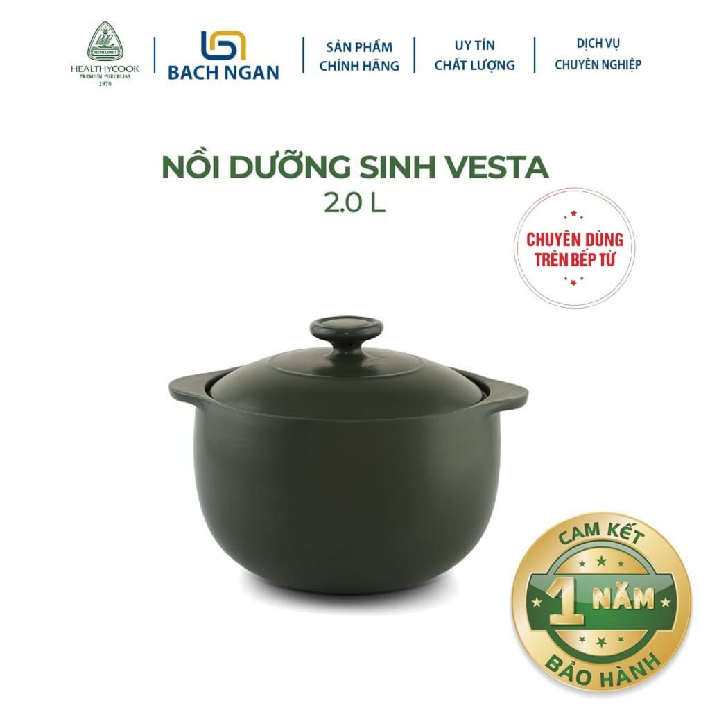 Nồi Dưỡng Sinh Minh Long Bếp Từ Vesta 2.0L sứ đẹp cao cấp, an toàn sức khỏe, thực phẩm chín sâu và đều