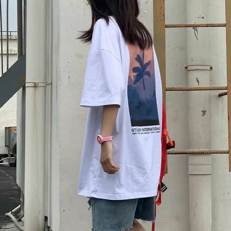 Áo Thun Tay Lỡ 100% Cotton Form Rộng Ulzzang Unisex In Hình Cây Dừa