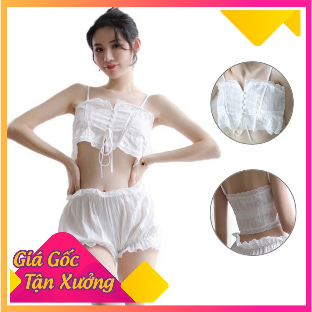 [Bản Đẹp] Bộ đồ ngủ mặc nhà màu trắng phối ren quyến rũ phong cách tiểu thư