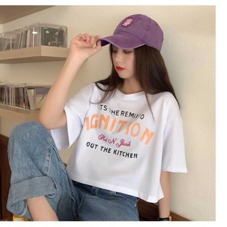 Áo thun nữ croptop in chữ IGNITION màu trắng siêu xinh