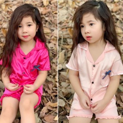 BỘ PIJAMA PHI LỤA CỘC CỔ BÈO CHO BÉ GÁI