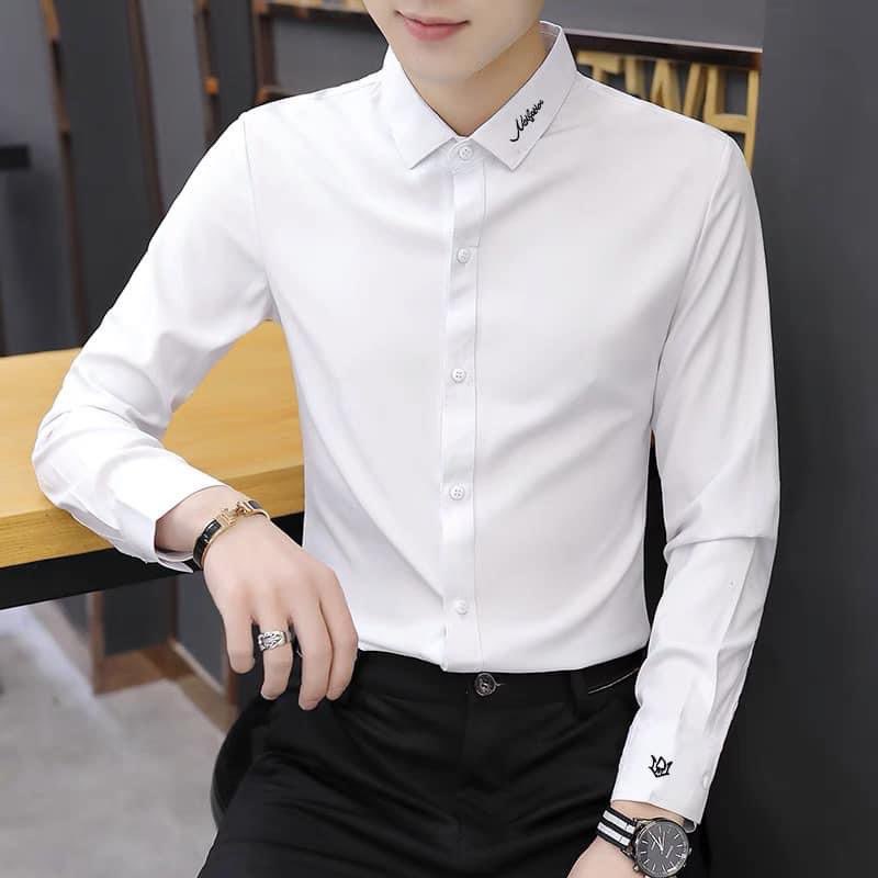 ▲Áo Sơ Mi Nam Dài Tay Họa Tiết Thêu Chữ Cổ , Fom Slimfit Ôm Body ,Vải Lụa Trơn Chống Nhăn Cao Cấp