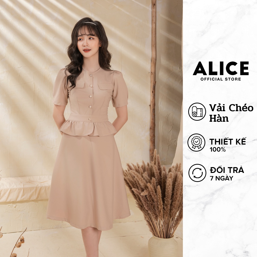 Đầm Công Sở Dáng Xòe ALICE V705, Đầm Thiết Kế Eo Bánh Bèo Dáng Sơ Mi Cổ Tròn Tay Ngắn Độc Đáo