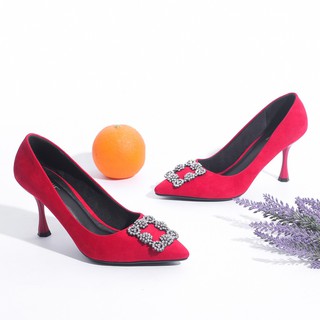 Giày Cao Gót 7cm Đính Đá Nhung Da Lộn Pixie X405