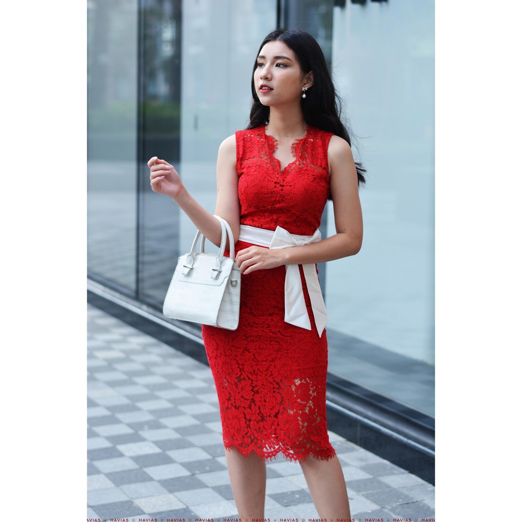 Đầm Gerbera Fabric White Bow Sleeveless Red Dress HAVIAS