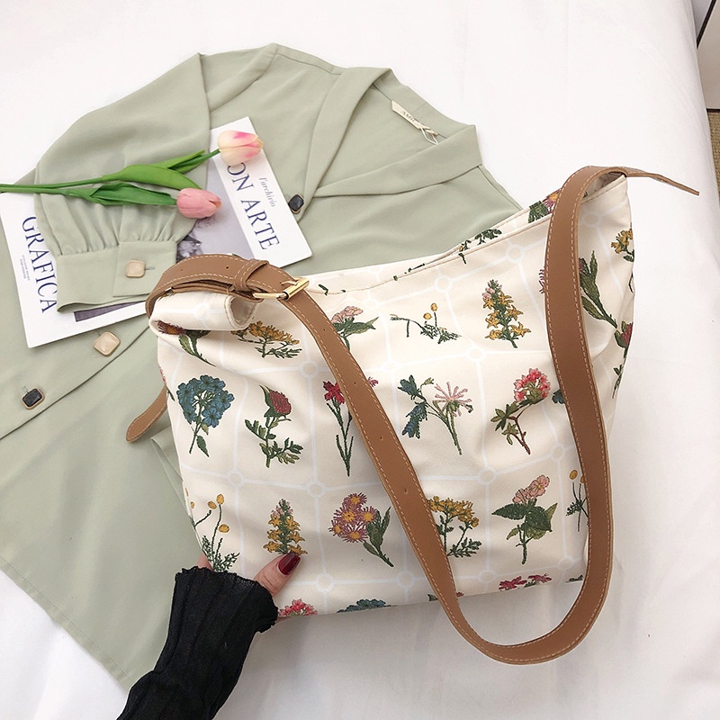 Túi Tote Đeo Vai Sức Chứa Lớn Bằng Nylon Thêu Họa Tiết Hoa