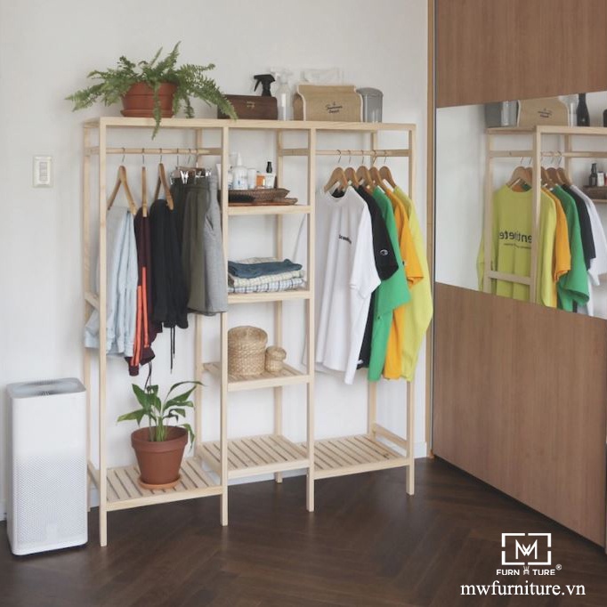 Tủ treo quần áo Triple Closet lắp ráp gỗ thông nhập khẩu thương hiệu MW FURNITURE màu gỗ