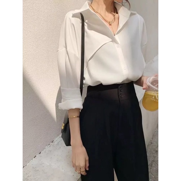 Áo sơ mi nữ dài tay TRƠN Basic Unisex Dáng Rộng Oversize, Áo Nữ form rộng n