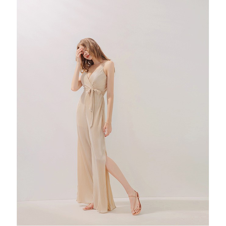 [Mã FAMALLT5 giảm 15% đơn 150k] Jumpsuit dài satin 2 dây thắt nơ eo Nữ Air Space 2030111008