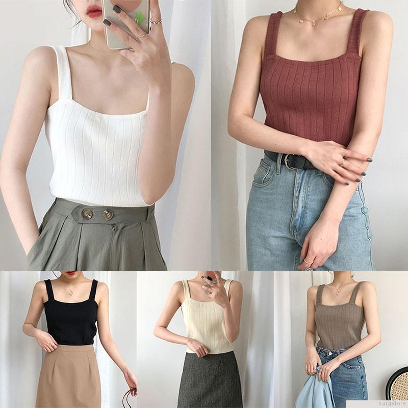 Áo dệt kim hai dây màu trơn phong cách Hàn Quốc gợi cảm dành cho nữ