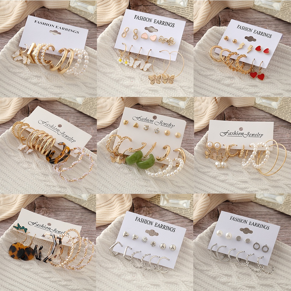 Set 6 dôi khuyên tai iF YOU thiết kế bướm phối ngọc trai giả thời trang cho nữ