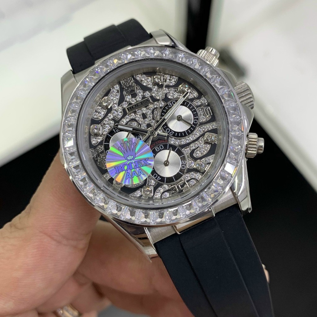 Đồng hồ nam Rolex mặt tròn đính viền đá sang trọng máy cơ cao cấp chống nước