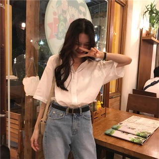 Áo sơ mi CCVN màu trắng dáng rộng ngắn tay phong cách Hàn Quốc thời trang cho nữ