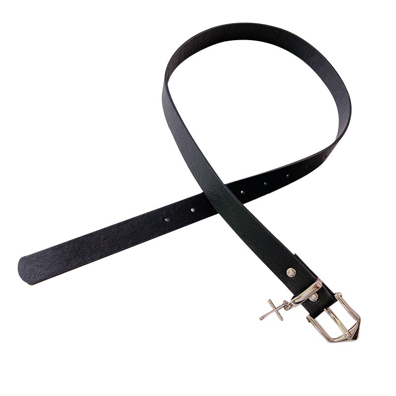 Thắt Lưng Da PU Màu Đen Phối Khóa Kim Loại Hình Thánh Giá Phong Cách Hip Hop Thời Trang Cho Nam Và Nữ