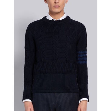 ⚜[Nguyên Bản] Áo Len THOM BROWN.E NAVY FINE MERINO WOOL ARAN CABLE TONAL 4-BAR CREWNECK PULLOVER Cao cấp