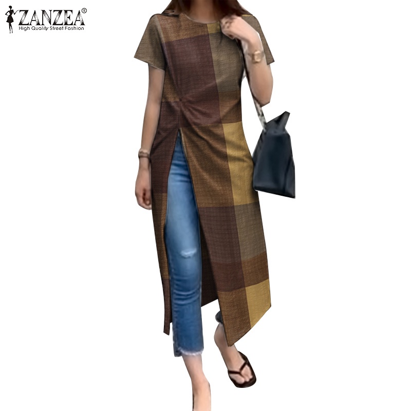 Áo kiểu Zanzea tay ngắn cổ tròn họa tiết kẻ caro phong cách retro thời trang cho nữ